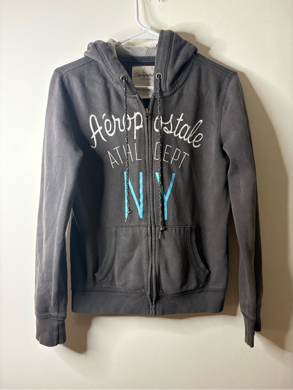 Aeropostale Women's Charcoal Gray Zip Hoodie with Blue NY Script